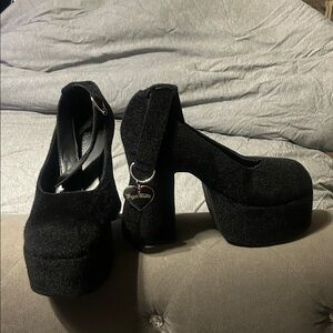 Y2K Sugar Thrillz Black Plush Platform Heels
